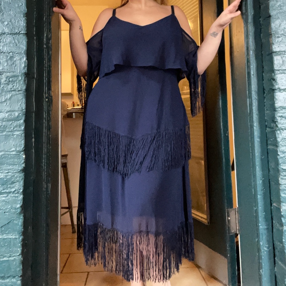 ASOS Design navy ankle-length dress with fringe detail